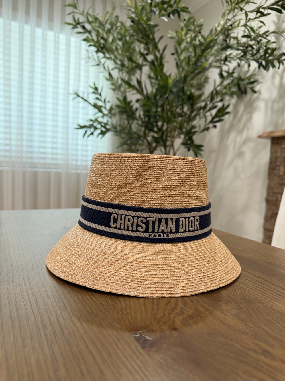 Dior Straw Bucket Hat in Natural with Navy Band